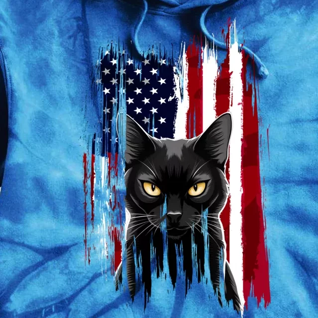 Black Cat Yellow Eyes Patriotic American Flag Kitten Lover Tie Dye Hoodie