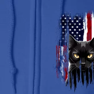 Black Cat Yellow Eyes Patriotic American Flag Kitten Lover Full Zip Hoodie