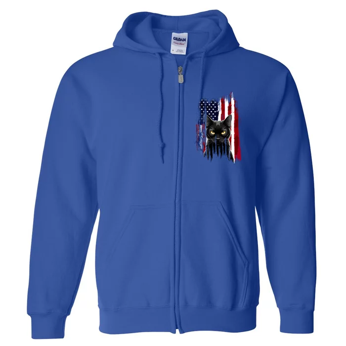 Black Cat Yellow Eyes Patriotic American Flag Kitten Lover Full Zip Hoodie