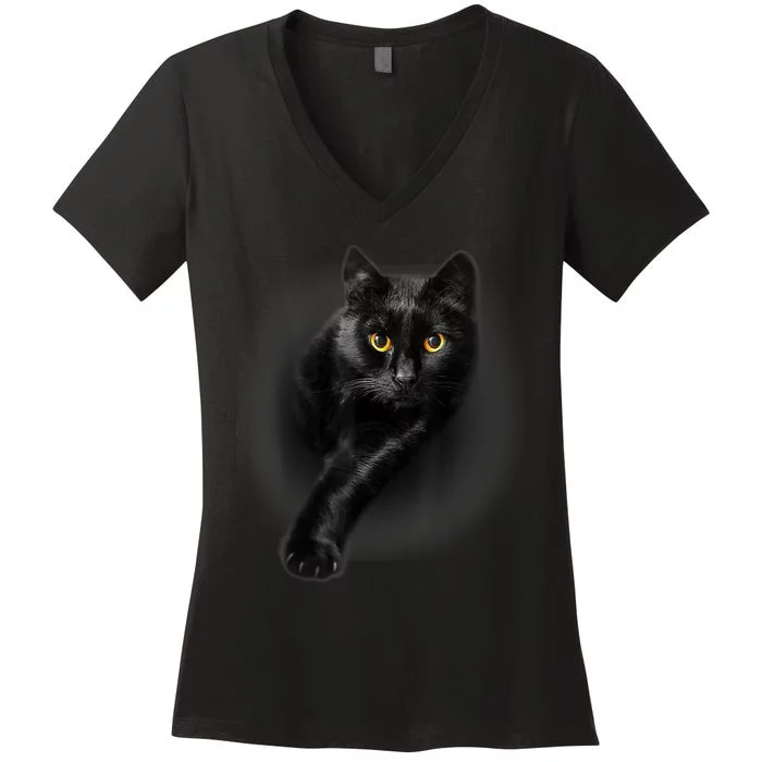 Black Cat Yellow Eyes TShirt Cats Tee Shirt Women's V-Neck T-Shirt