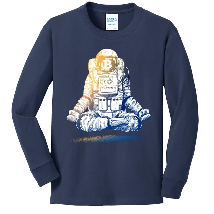 Bitcoin Cryptocurrency Yoga Astronaut Kids Long Sleeve Shirt