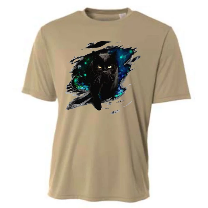 Black Cat Yellow Eyes With Galaxy Cat Graphic Cooling Performance Crew T-Shirt