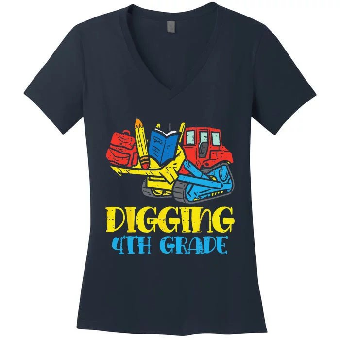 Bulldozer Digging 4th Grade Fourth First Day Of School Truck Women's V-Neck T-Shirt