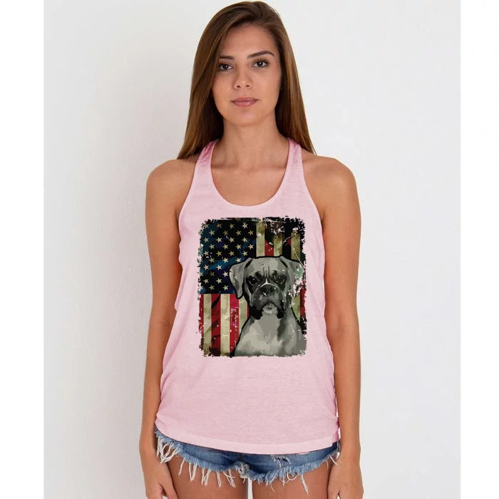 Boxer Dog 4th Of July American Flag Patriotic Women's Knotted Racerback Tank