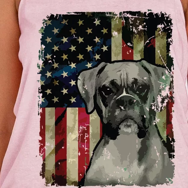 Boxer Dog 4th Of July American Flag Patriotic Women's Knotted Racerback Tank