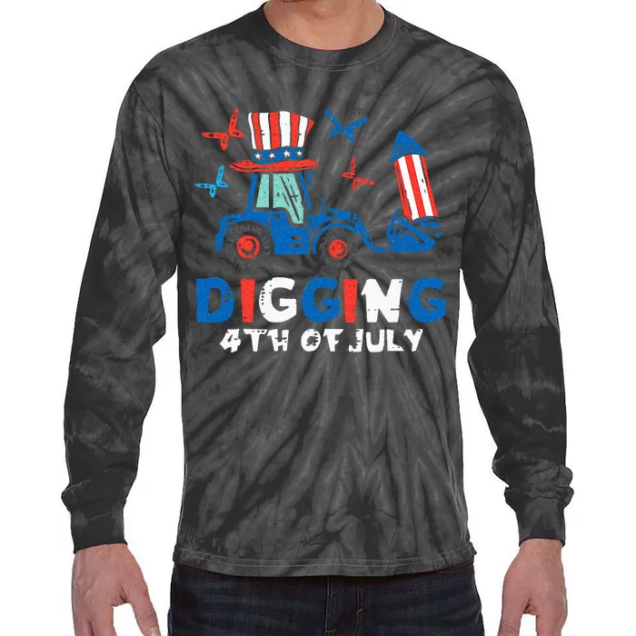 Bulldozer Digging 4th Of July July Fourth Kids Tie-Dye Long Sleeve Shirt