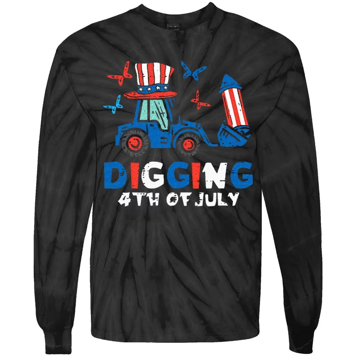 Bulldozer Digging 4th Of July July Fourth Kids Tie-Dye Long Sleeve Shirt