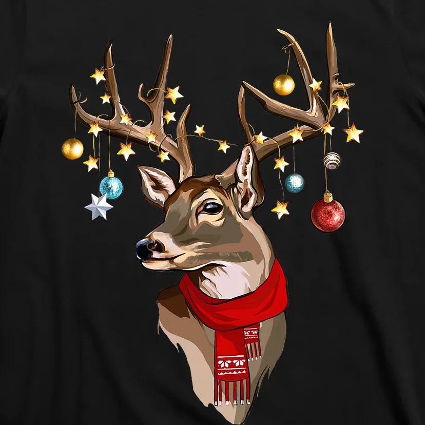 Buck Deer Antlers Christmas Lights Scarf Xmas Party T-Shirt