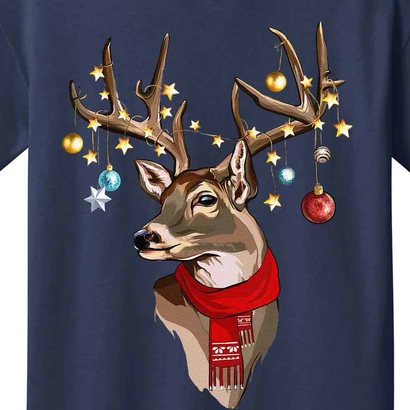 Buck Deer Antlers Christmas Lights Scarf Xmas Party Kids T-Shirt