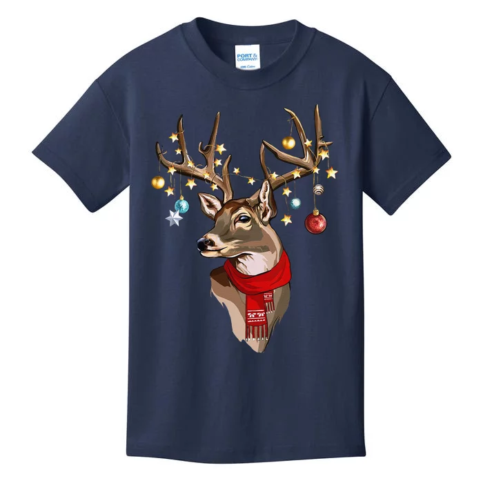 Buck Deer Antlers Christmas Lights Scarf Xmas Party Kids T-Shirt