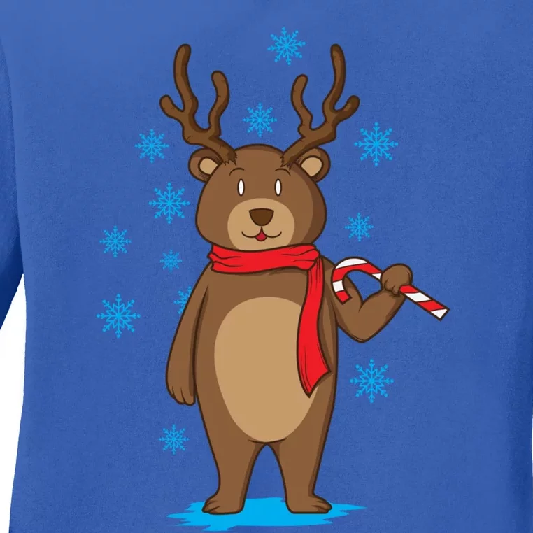 Bear Dressed As Reindeer With Candy Cane Xmas Gift Ladies Long Sleeve Shirt