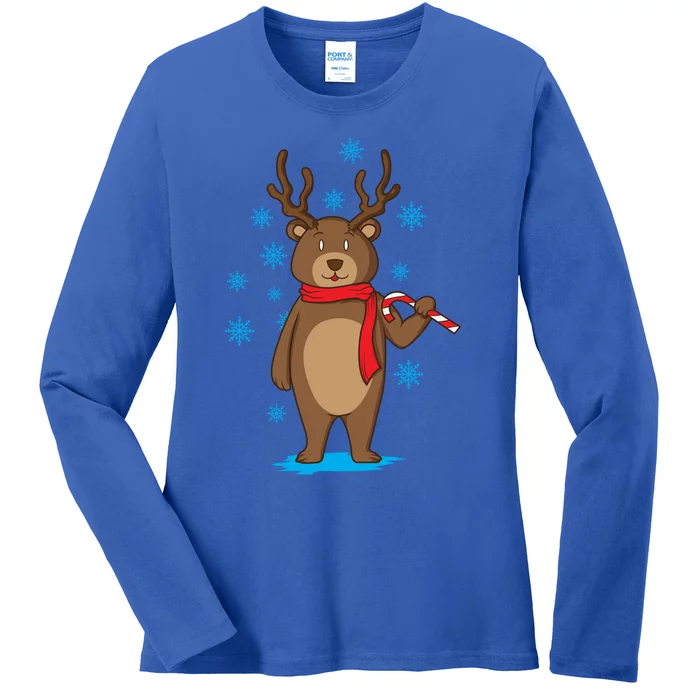 Bear Dressed As Reindeer With Candy Cane Xmas Gift Ladies Long Sleeve Shirt