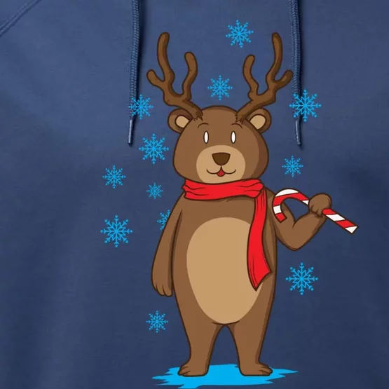 Bear Dressed As Reindeer With Candy Cane Xmas Gift Performance Fleece Hoodie