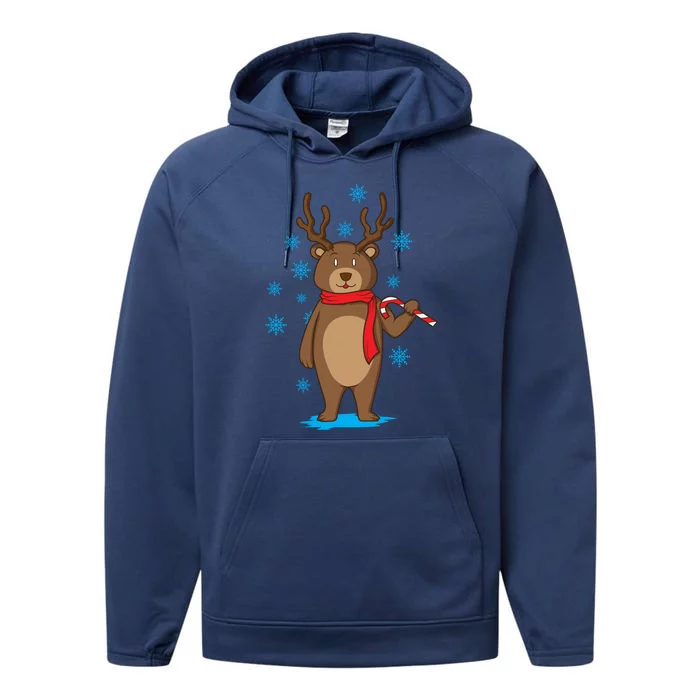 Bear Dressed As Reindeer With Candy Cane Xmas Gift Performance Fleece Hoodie