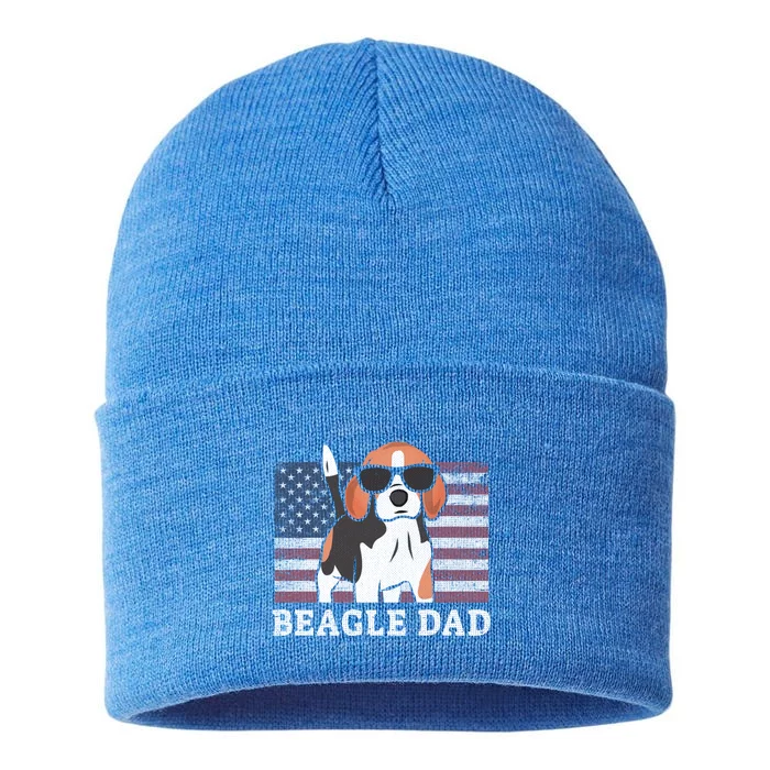 Beagle Dad American Flag 4th Of July Patriotic Beagle Design Great Gift Sustainable Knit Beanie