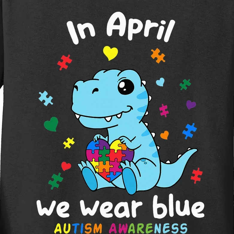 Baby Dino April We Wear Blue Autism Month Kids Long Sleeve Shirt