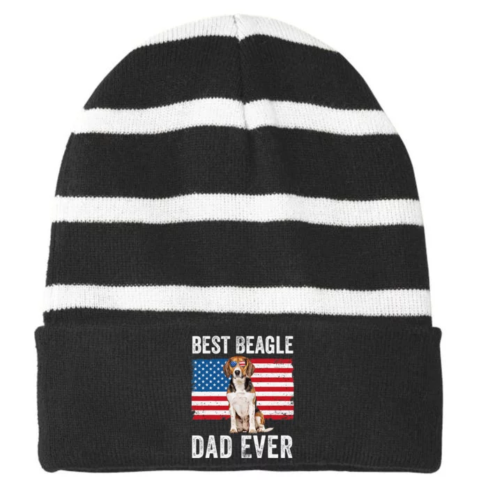 Beagle Dad American Flag Dog Lover Owner Fathers Day Funny Striped Beanie with Solid Band