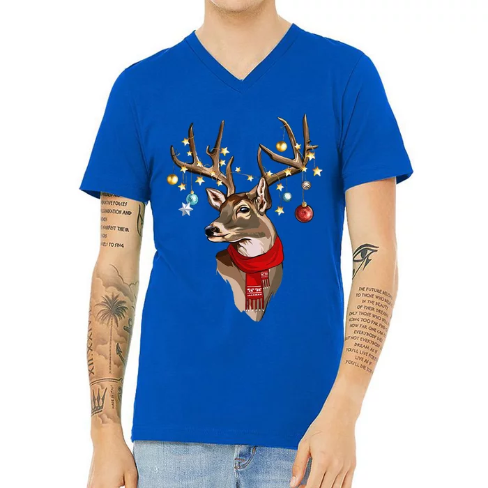 Buck Deer Antlers Christmas Lights Scarf Xmas Party V-Neck T-Shirt