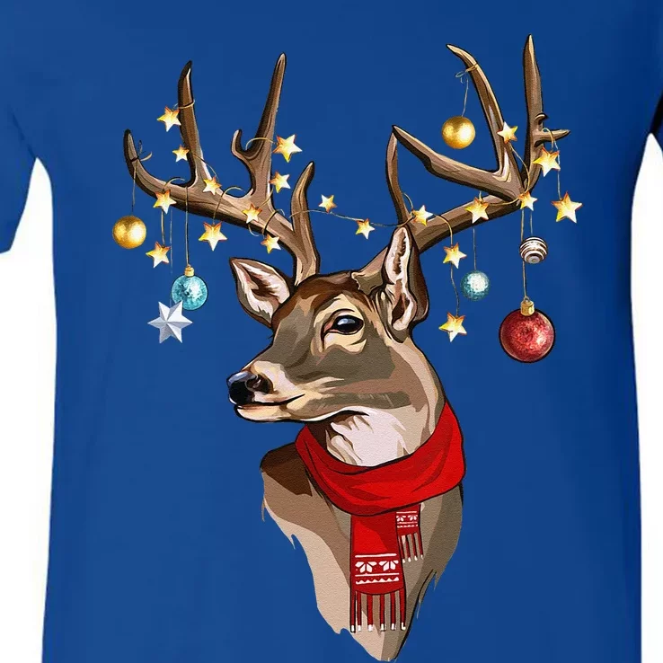 Buck Deer Antlers Christmas Lights Scarf Xmas Party V-Neck T-Shirt