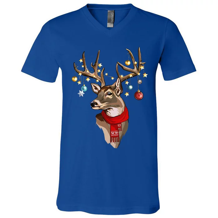 Buck Deer Antlers Christmas Lights Scarf Xmas Party V-Neck T-Shirt