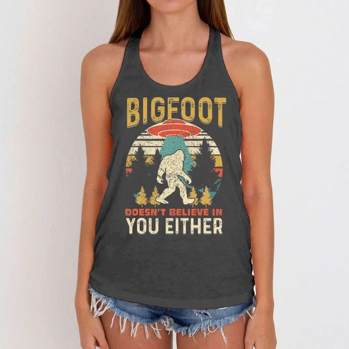 Bigfoot Doesnt Believe In You Either Funny Sasquatch Vintage Women's Knotted Racerback Tank