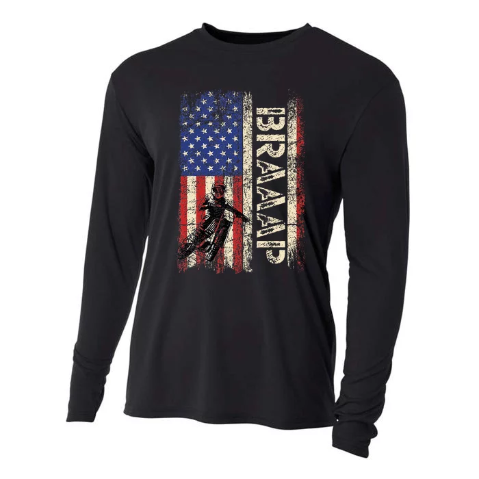 Braaap Dirt Bike Usa American Flag Motocross Biker Cooling Performance Long Sleeve Crew