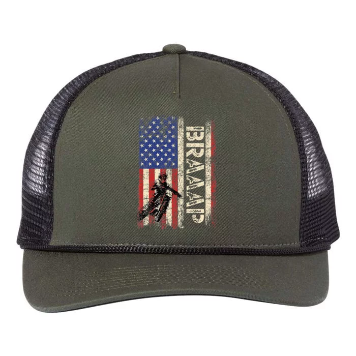 Braaap Dirt Bike Usa American Flag Motocross Biker Retro Rope Trucker Hat Cap