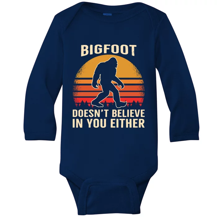 Bigfoot Doesnt Believe In You Either Bigfoot Sasquatch Retro Baby Long Sleeve Bodysuit