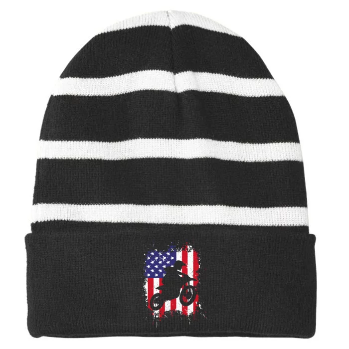 Best Dirt Bike Dirtbike Racing Us Flag Biker Striped Beanie with Solid Band