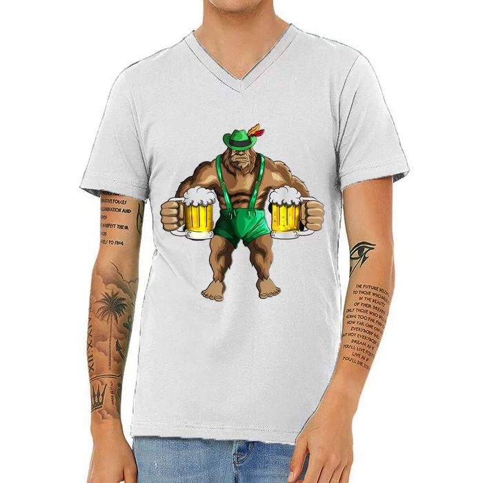 Beer Drinker Bigfoot In Leather Pants Beer Glasses V-Neck T-Shirt