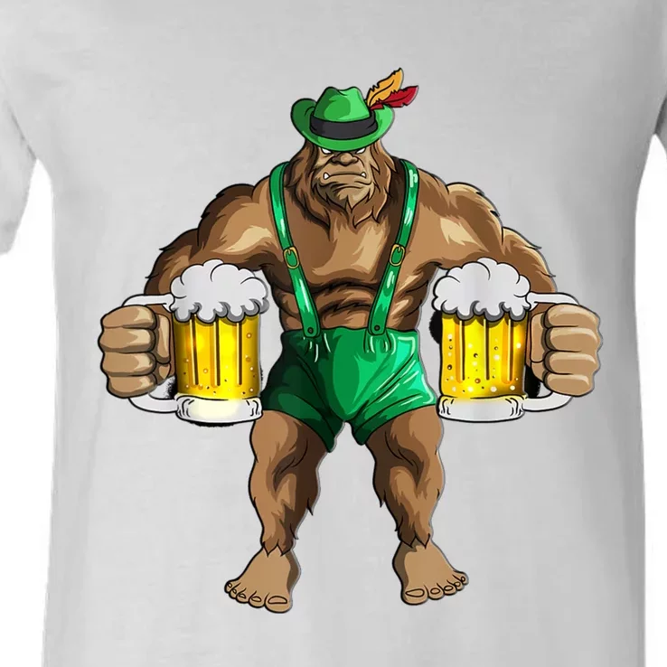 Beer Drinker Bigfoot In Leather Pants Beer Glasses V-Neck T-Shirt