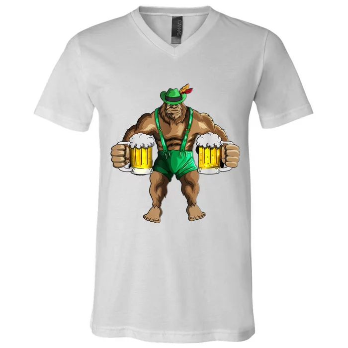 Beer Drinker Bigfoot In Leather Pants Beer Glasses V-Neck T-Shirt