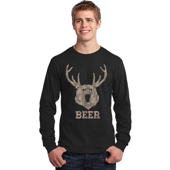 Bear Deer Beer Drinking Camo Antlers Hunting Camping Long Sleeve Shirt