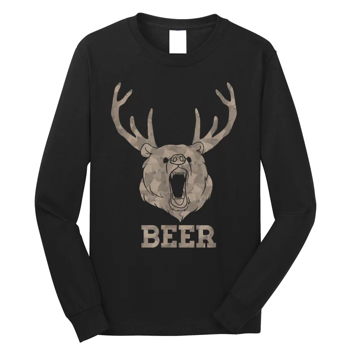 Bear Deer Beer Drinking Camo Antlers Hunting Camping Long Sleeve Shirt