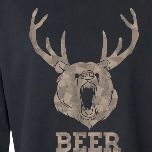 Bear Deer Beer Drinking Camo Antlers Hunting Camping Cropped Pullover Crew