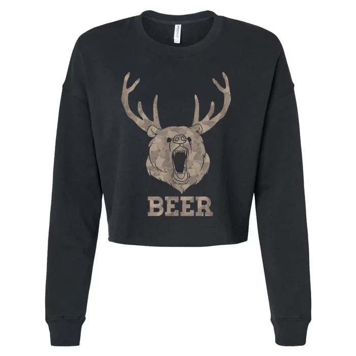 Bear Deer Beer Drinking Camo Antlers Hunting Camping Cropped Pullover Crew