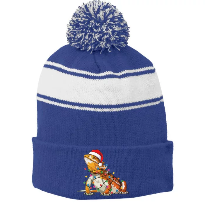 Bearded Dragon Christmas Lights Bearded Dragon Lover Xmas Stripe Pom Pom Beanie