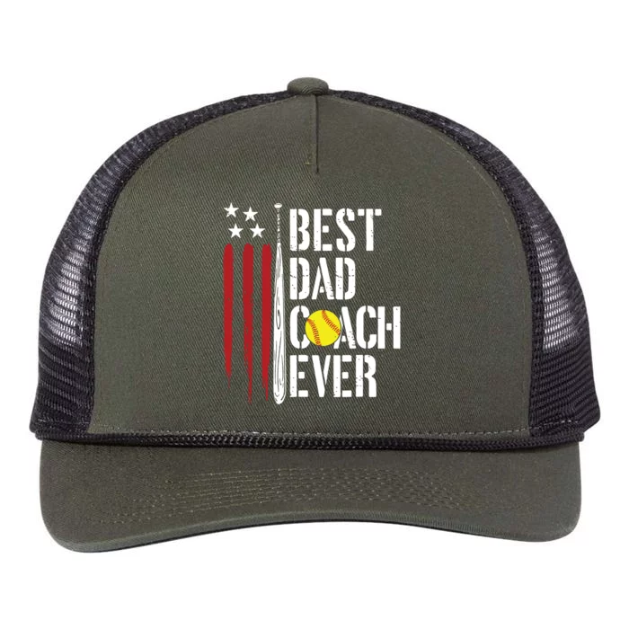 Best Dad Coach Ever American Flag Softball Dad Fathers Day Retro Rope Trucker Hat Cap