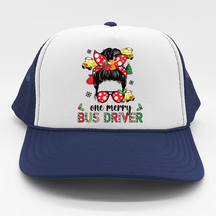 Bus Driver Christmas School Bus Driver Xmas Party Messy Bun Long Sleeve Trucker Hat