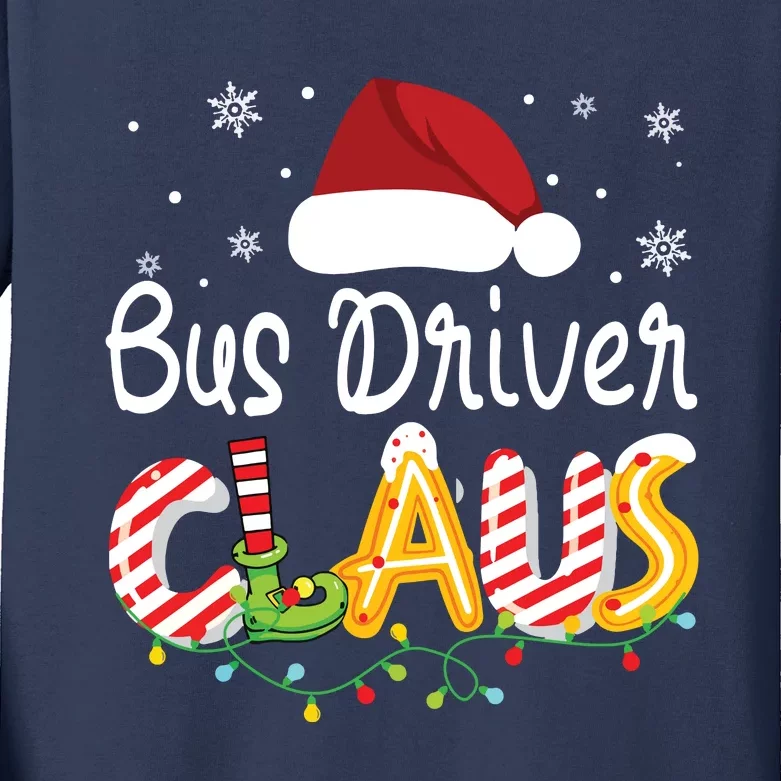 Bus Driver Claus Santa Hat Xmas Light Christmas Bus Driver Kids Long Sleeve Shirt