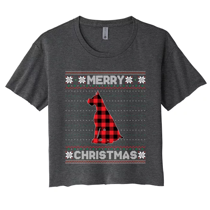 Boxer Dog Christmas Red Plaid Xmas Ugly Sweater Party Gift Women's Crop Top Tee