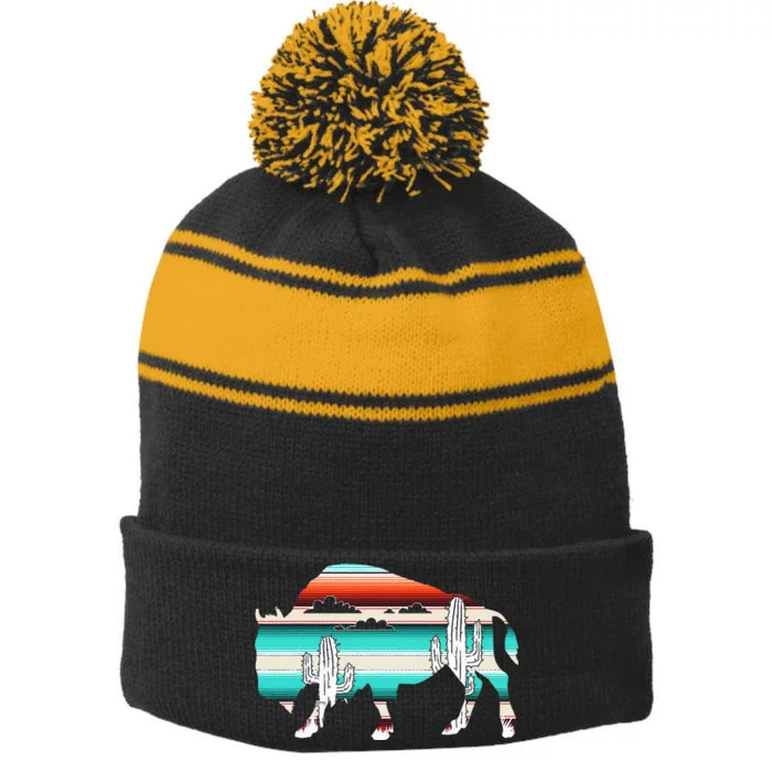 Bison Desert Cactus Serape Western Stripe Pom Pom Beanie