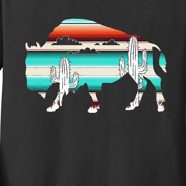 Bison Desert Cactus Serape Western Kids Long Sleeve Shirt