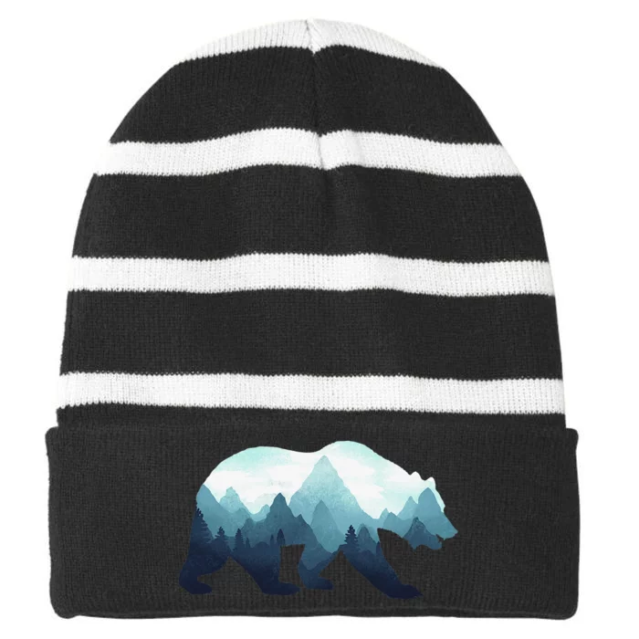 Bear Double Exposure Surreal Wildlife Animal Striped Beanie with Solid Band