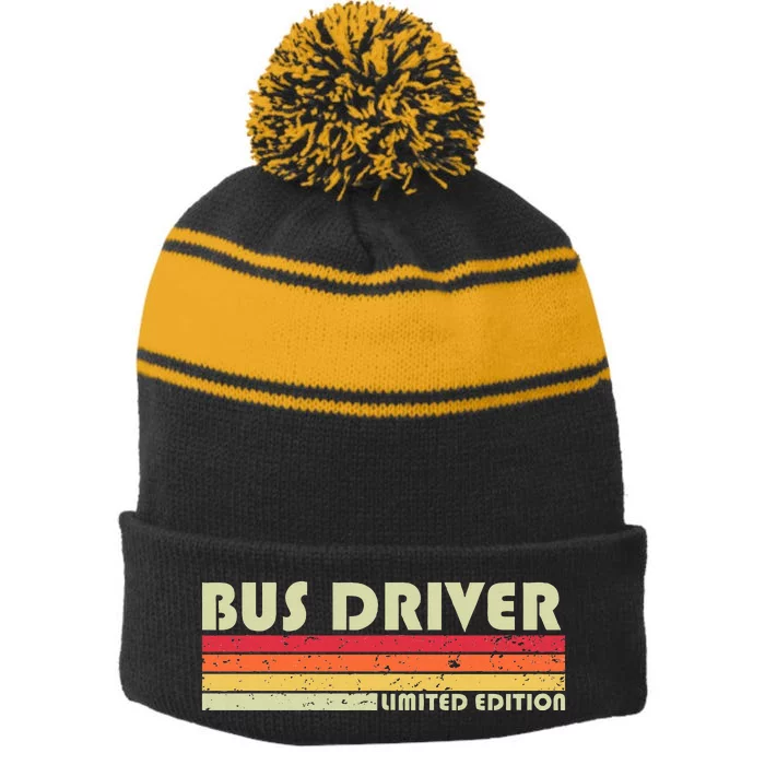 Bus Driver Funny Job Title Profession Birthday Worker Idea Stripe Pom Pom Beanie