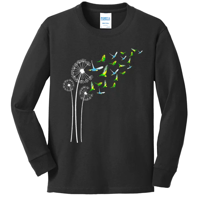 Budgie Dandelion Flower For Dandelions And Parakeet Lover Kids Long Sleeve Shirt