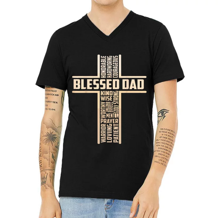 Blessed Dad Fathers Day Cross Christian Papa Pop Husband V-Neck T-Shirt