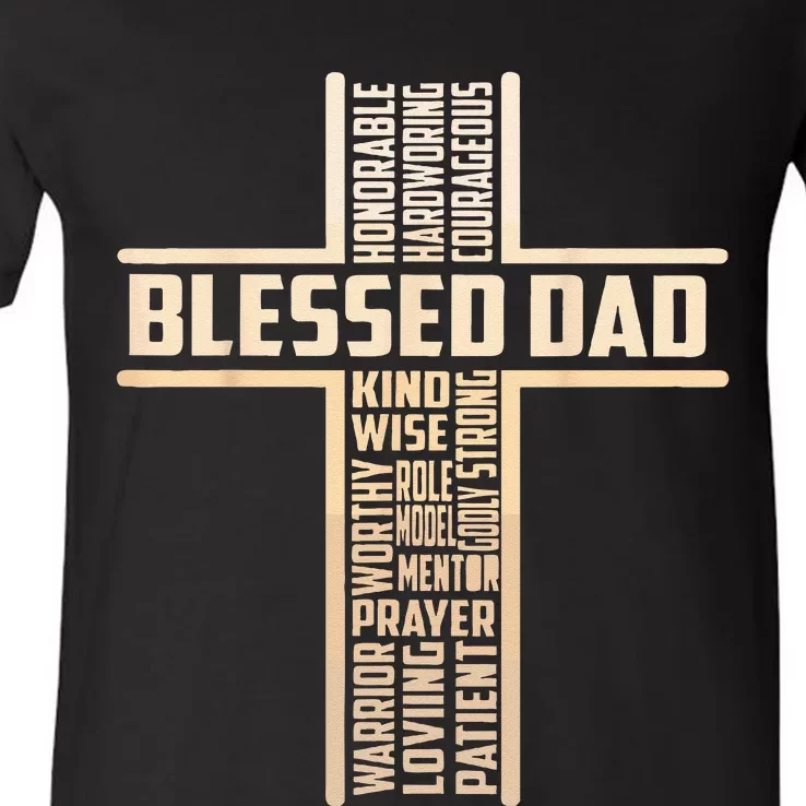 Blessed Dad Fathers Day Cross Christian Papa Pop Husband V-Neck T-Shirt