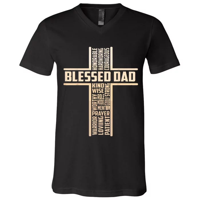 Blessed Dad Fathers Day Cross Christian Papa Pop Husband V-Neck T-Shirt