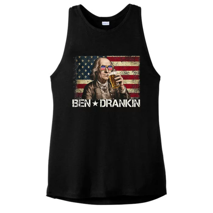 Ben Drankin Funny Beer 4th Of July Retro Usa Flag 4 July Ladies Tri-Blend Wicking Tank